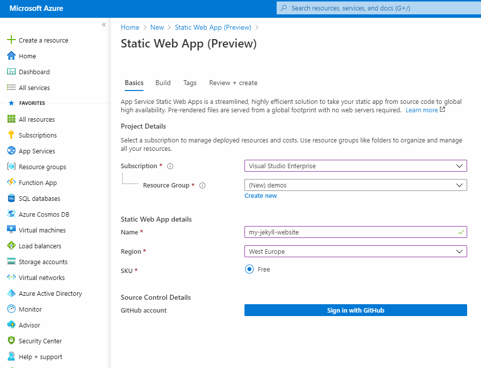 Create the Static WebApp resource