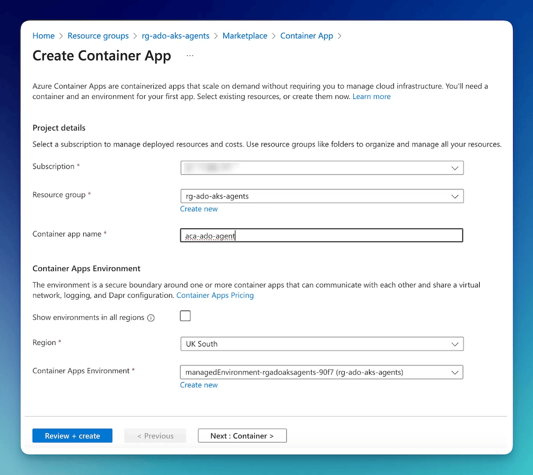 configuring the container app