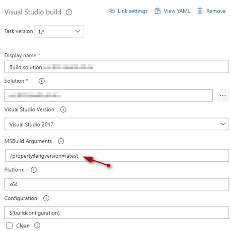 Setting language version in Visual Studio build step